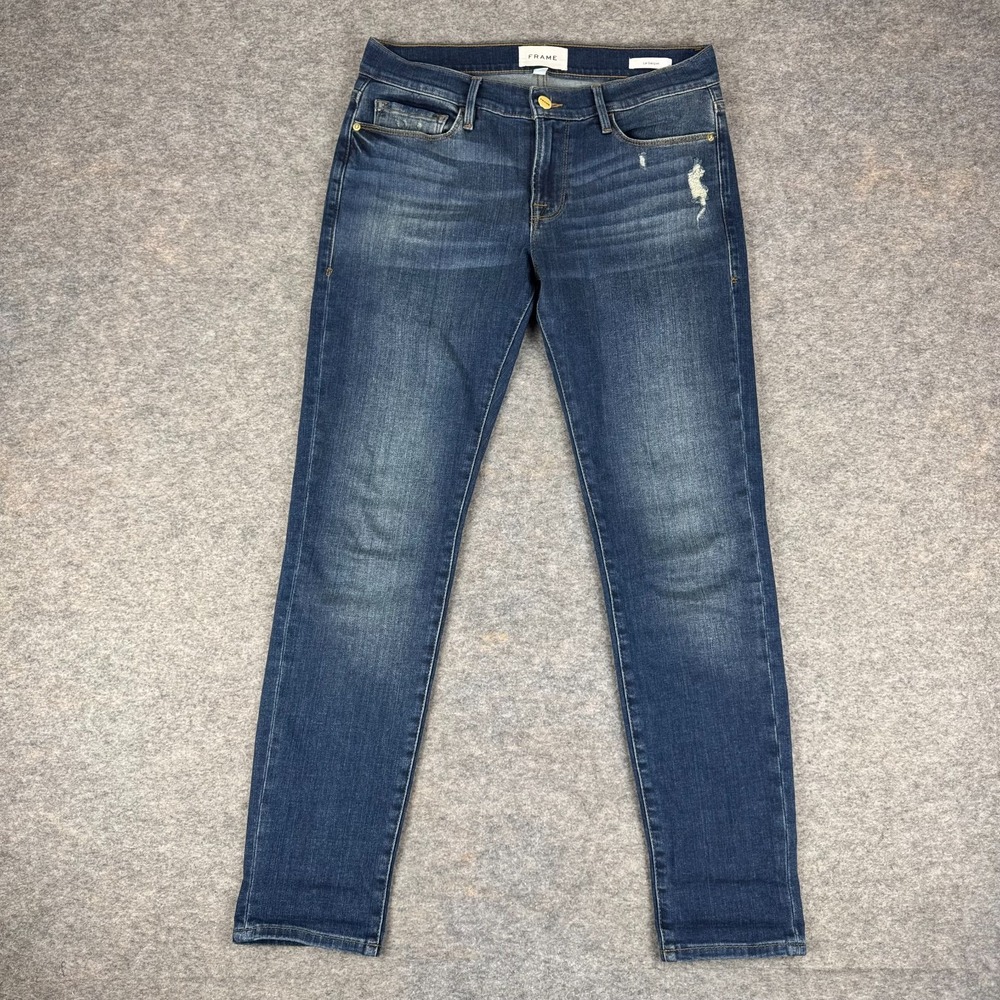 FRAME Le Garcon Slim Boyfriend Jeans 29" Azure Distressed Blue Womens 26
